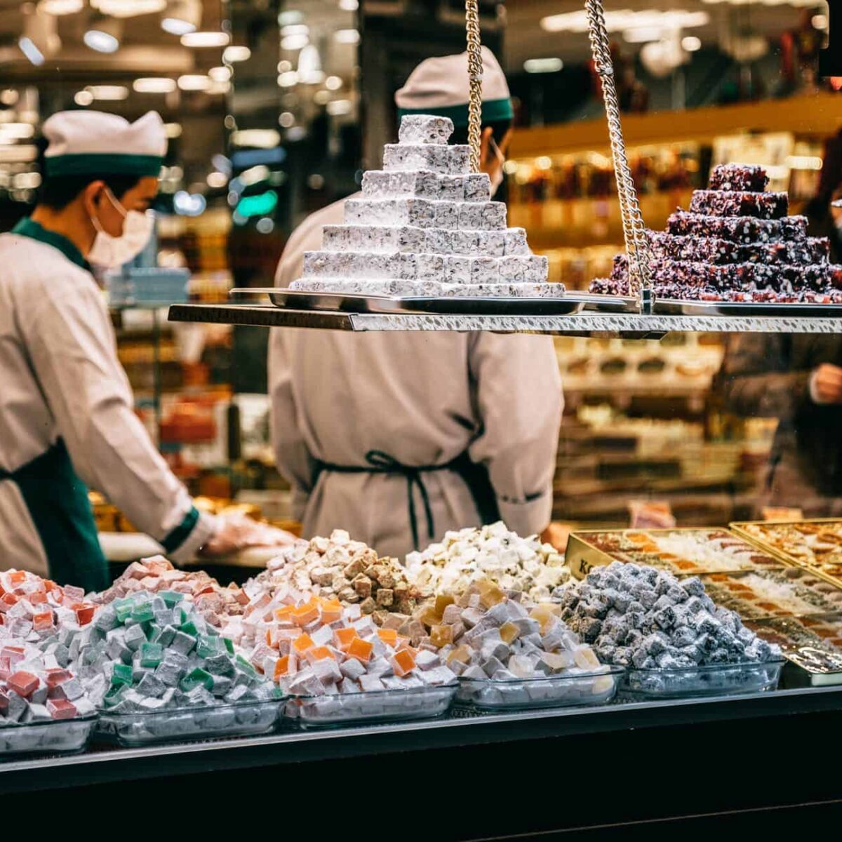 traditional oriental sweets placed on candy shop showcase