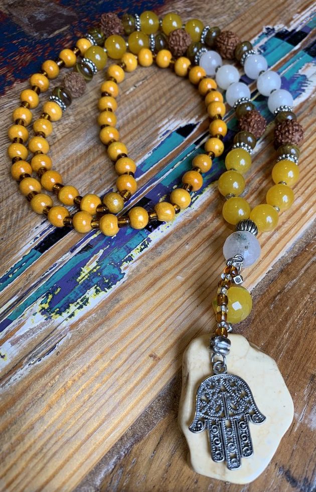 Handmade Meditation & Yoga Necklace Rudraksha beads and wood beads with  Hamsa Charm - Turkish Bazaar Canada & United States